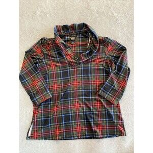 Ali Miles Shirt Women's Small Tartan Plaid Top Lagenlook Ruffle Neck 3/4 Sleeve